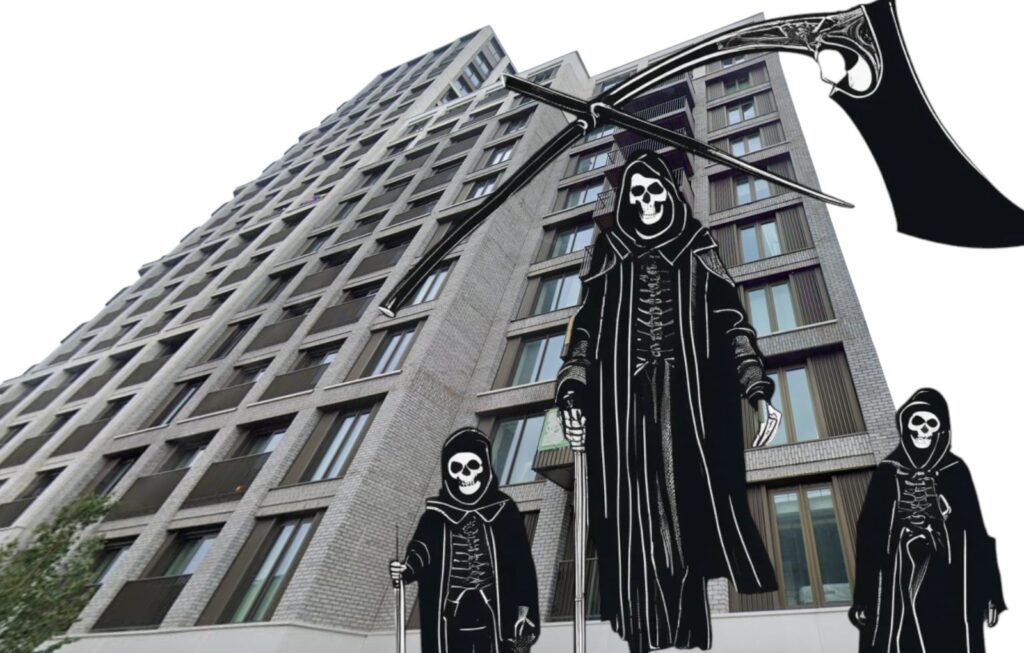 Picture of block of flats with three Grim Reapers in foreground, representing how high rents are killing the lives of Brighton and Hove people
